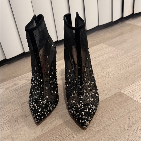 Chic Black Mesh Embellished Heeled Boots - Picture 3 of 4